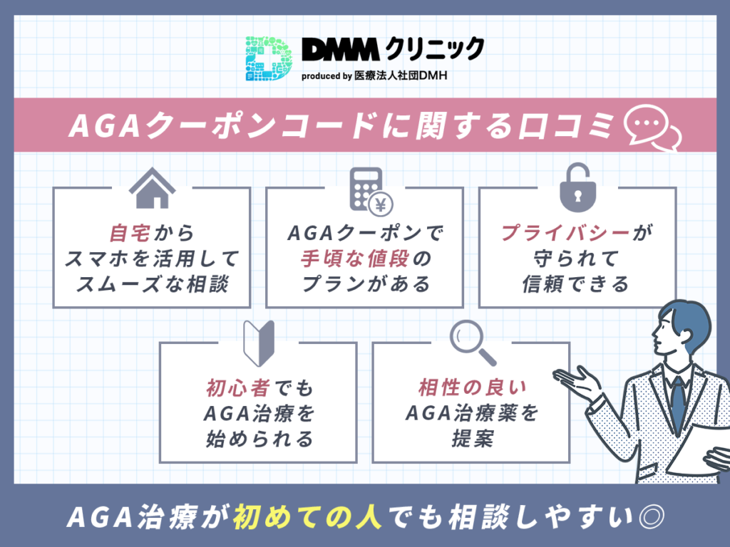 DMMオンラインクリニックAGAクーポンコードを利用した口コミ評価一覧