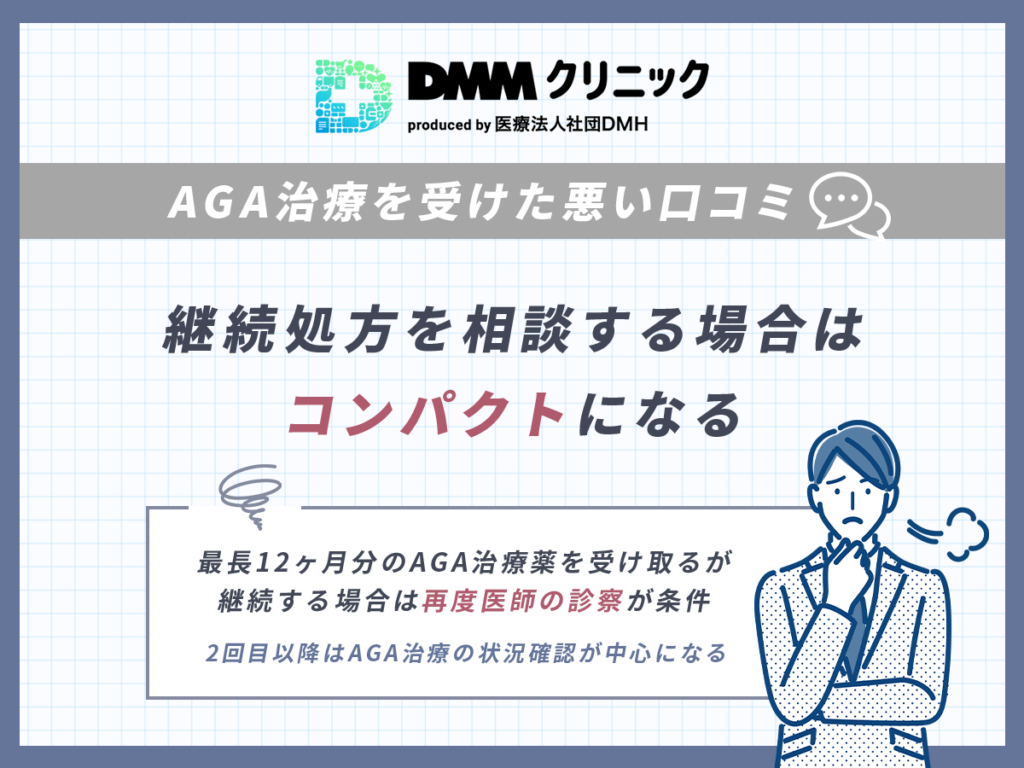 DMMのAGAクーポンに関する悪い口コミ①:継続処方を相談する場合はコンパクトになる