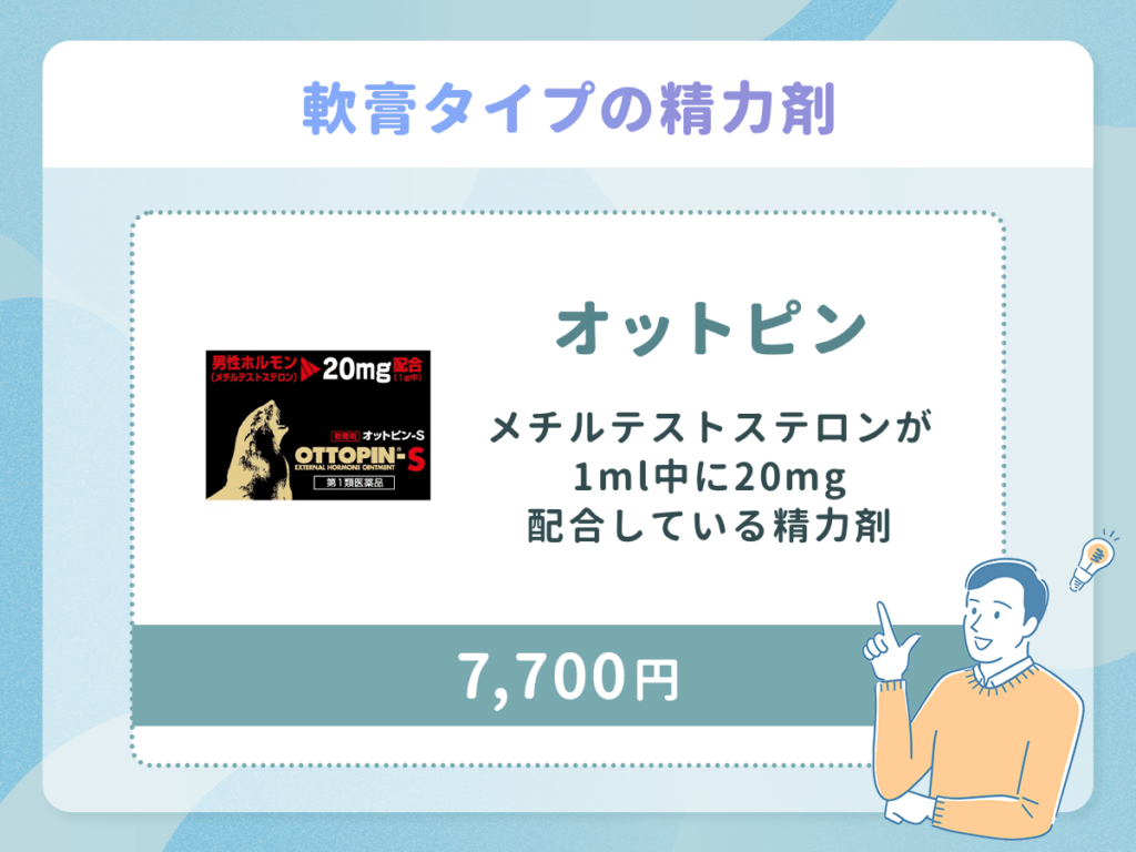 オットピンは軟膏タイプでメチルテストステロンが1ml中に20mg配合している精力剤